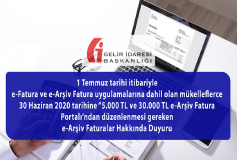 1 Temmuz Tarihi İtibariyle E-Fatura Ve E-Arşiv Fatura Uygulamalarına Dahil Olan Mükelleflerce 30 Haziran 2020 Tarihine ''5.000 Tl Ve 30.000 Tl E-Arşiv Fatura Portalı'ndan Düzenlenmesi Gereken E-Arşiv Faturalar Hakkında Duyuru