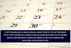 Yurt Dışında Bulunan Varlıkların Türkiye'ye Getirilmesi Veya Yurt İçinde Bulunan Varlıkların İşletme Kayıtlarına Dahil Edilmesine İlişkin Bildirim Ve Beyan Süresi İçin Son Gün 30 Haziran 2020