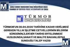 Türmob'un 30.04.2020 Tarihine Kadar Verilmesi Gereken Yıllık İşletme Cetvellerinin Bildirim Süresinin, İleri Bir Tarihe Ertelenmesi Hususunda, Sanayi Ve Ticaret Bakanlığı'na Sunduğu Talep Yazısı.