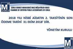 2018 Yılı Nisbi Aidat 2. Taksitinin Son Ödeme Tarihi 31 Ekim 2018'dir