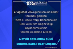 VUK-172 "27 Ağustos 2024 günü sonuna kadar verilmesi gereken 2024 II. Geçici Vergi Dönemine (Nisan-Mayıs-Haziran) ait Gelir ve Kurum Geçici Vergi Beyannamelerinin verilme ve ödeme süreleri, 6 Eylül 2024 Cuma günü sonuna kadar uzatılmıştır."