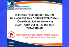 01.01.2025 TARİHİNDEN İTİBAREN BİLANÇO ESASINA GÖRE DEFTER TUTAN TÜM MÜKELLEFLER (GV ve KV) ELEKTRONİK DEFTER (E-DEFTER) TUTACAKLAR
