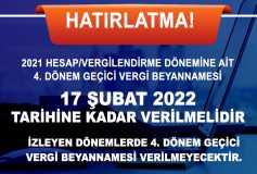 2021 Hesap/vergilendirme Dönemine Ait 4. Dönem Geçici Vergi Beyannamesi 17 Şubat 2022 Tarihine Kadar Verilmelidir.