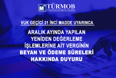 Vuk Geçici 31'inci Madde Uyarınca Aralık Ayında Yapılan Yeniden Değerleme İşlemlerine Ait Verginin Beyan Ve Ödeme Süreleri Hakkında Duyuru